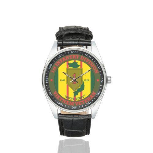 Men's casual watch with a round dial featuring the US Army 1st Infantry Division Vietnam Veteran emblem, silver-tone case and black leather strap.