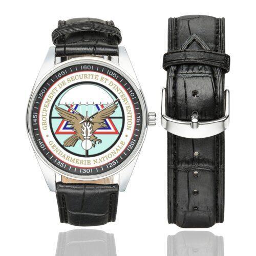 Men's casual watch with a round dial featuring the Groupement de sécurité et d'intervention de la Gendarmerie nationale (GSIGN) emblem, silver-tone case and black leather strap, shown with the strap to the side.
