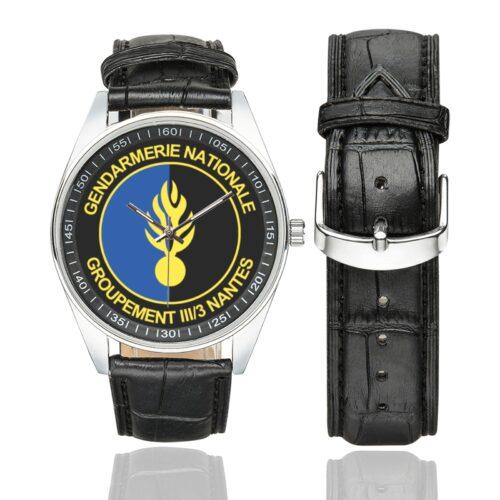 Men's casual watch with a round dial featuring the GGM 3-3 Nantes emblem, silver-tone case and black leather strap, shown with the strap to the side.
