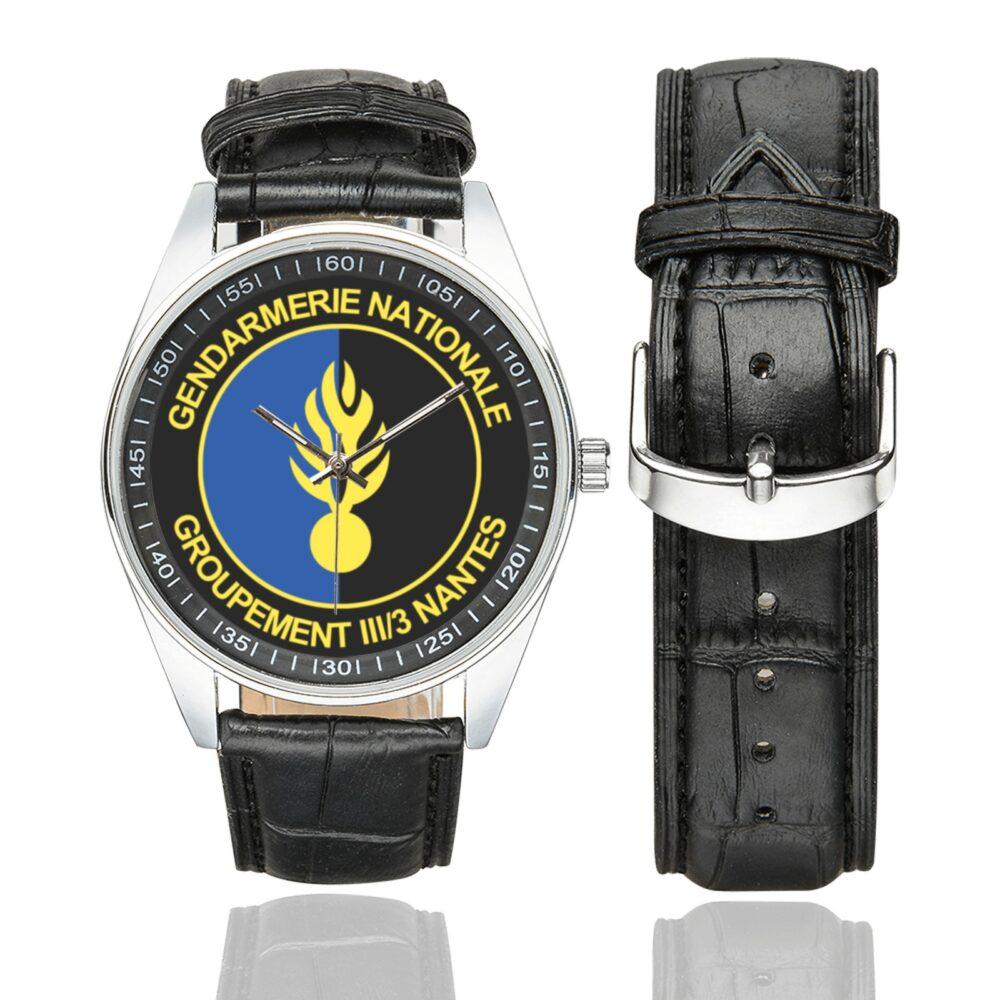 Men's casual watch with a round dial featuring the GGM 3-3 Nantes emblem, silver-tone case and black leather strap, shown with the strap to the side.