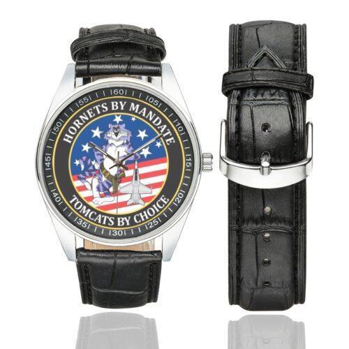 Men's casual watch with a round dial featuring the F-14 Hornets by Mandate Tomcats by Choice emblem, silver-tone case and black leather strap, shown with the strap to the side.