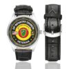 Men's casual watch with a round dial featuring the US Army 24th Infantry Division Veteran emblem, silver-tone case and black leather strap, shown with the strap to the side.