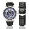 Men's casual watch with a round dial featuring the USAF 44th Fighter Squadron Vampire Eagle Driver emblem, silver-tone case and black leather strap, shown with the strap to the side.
