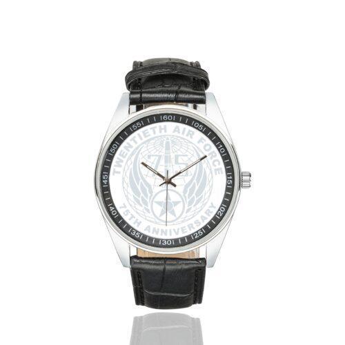 Men's casual watch with a round dial featuring the USAF 20th Air Force emblem, silver-tone case and black leather strap.