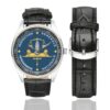 Men's casual watch with a round dial featuring the IGGN emblem, silver-tone case and black leather strap, shown with the strap to the side.