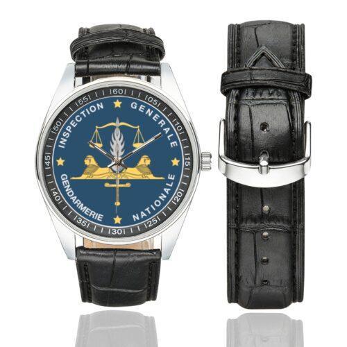 Men's casual watch with a round dial featuring the IGGN emblem, silver-tone case and black leather strap, shown with the strap to the side.