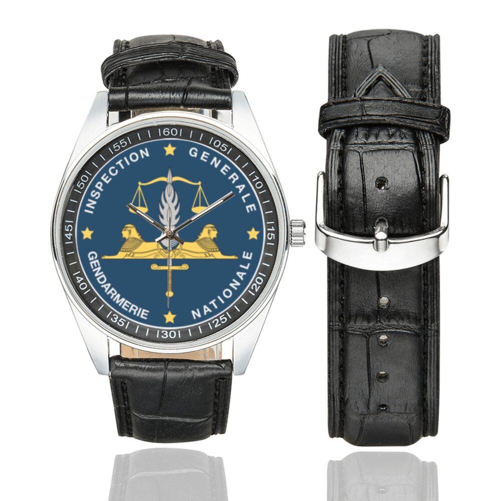 Men's casual watch with a round dial featuring the IGGN emblem, silver-tone case and black leather strap, shown with the strap to the side.