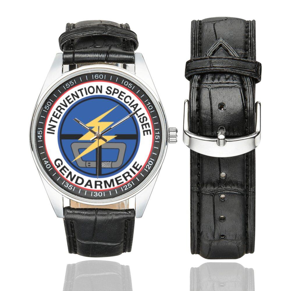 Men's casual watch with a round dial featuring the PI2G emblem, silver-tone case and black leather strap, shown with the strap to the side.