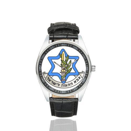 Men's casual watch with a round dial featuring the israel-defense-forces emblem, silver-tone case and black leather strap.