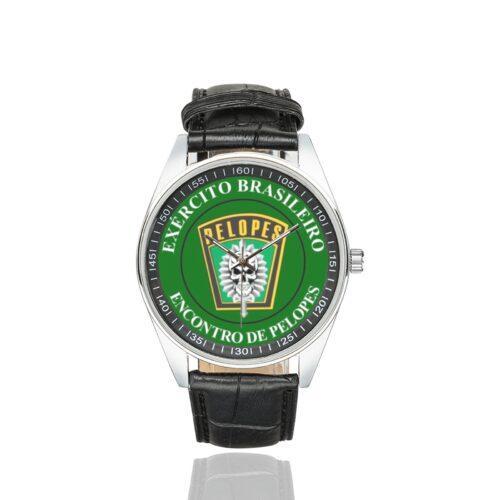 Men's casual watch with a round dial featuring the Brazilian Army Special Operations Platoon emblem, silver-tone case and black leather strap.