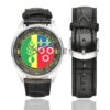 Men's casual watch with a round dial featuring the EGM 47-7 Macon emblem, silver-tone case and black leather strap, shown with the strap to the side.