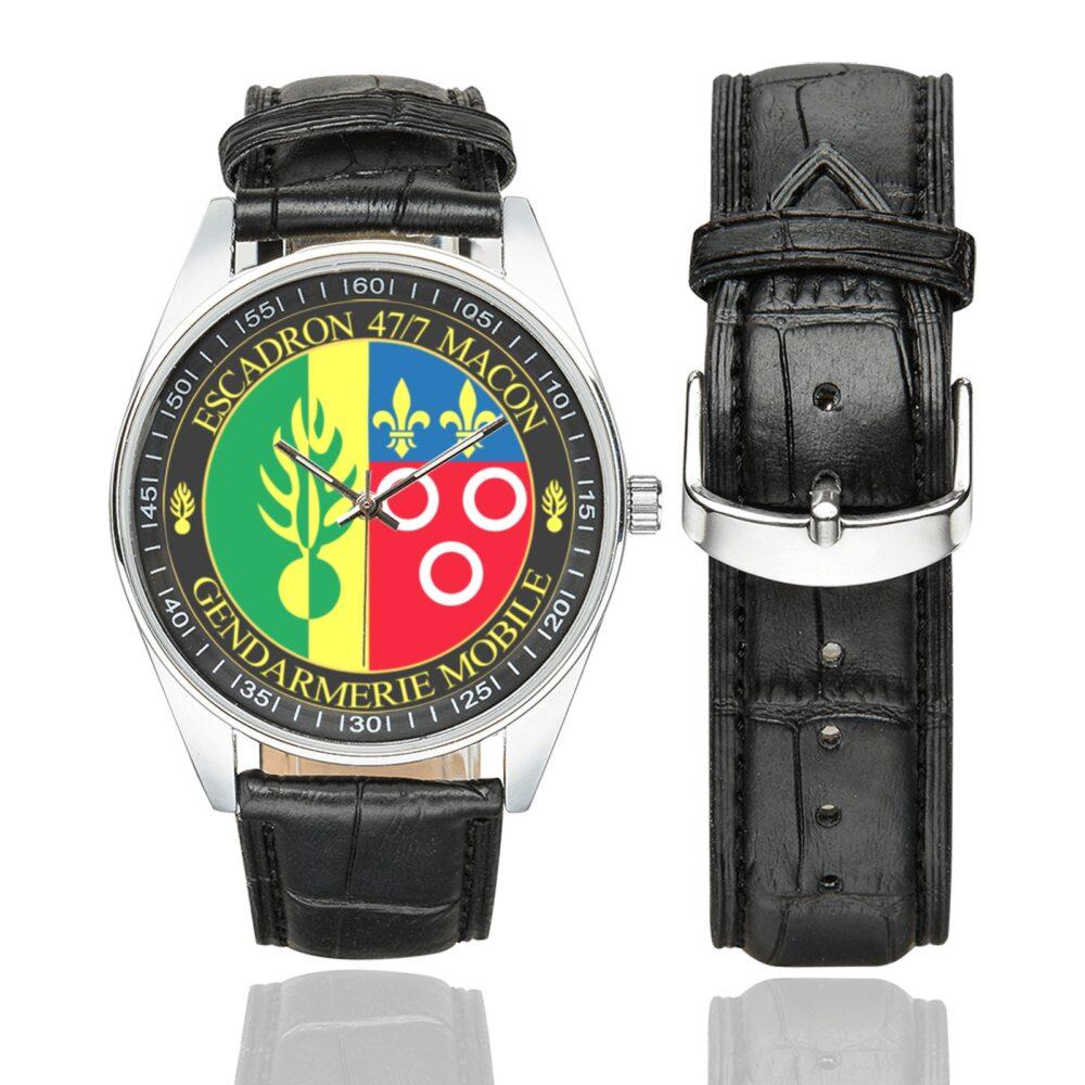 Men's casual watch with a round dial featuring the EGM 47-7 Macon emblem, silver-tone case and black leather strap, shown with the strap to the side.