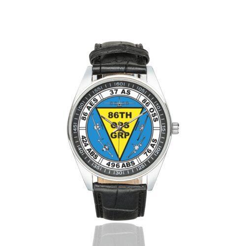 Men's casual watch with a round dial featuring the USAF 86th Operations Group emblem, silver-tone case and black leather strap.