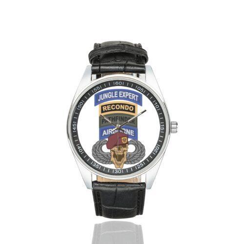 Men's casual watch with a round dial featuring the US Army Airborne Pathfinder Recondo emblem, silver-tone case and black leather strap.