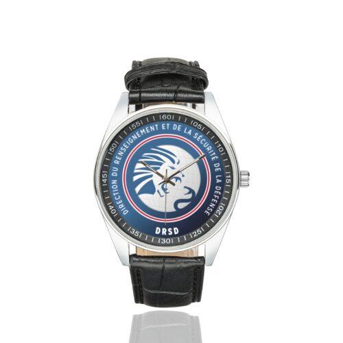 Men's casual watch with a round dial featuring the DRSD emblem, silver-tone case and black leather strap.