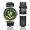 Men's casual watch with a round dial featuring the 4th Brigade of the Operational Assignment Rubizh Brigade emblem, silver-tone case and black leather strap, shown with the strap to the side.
