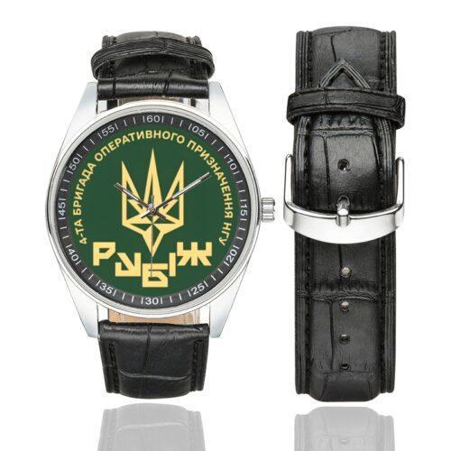 Men's casual watch with a round dial featuring the 4th Brigade of the Operational Assignment Rubizh Brigade emblem, silver-tone case and black leather strap, shown with the strap to the side.