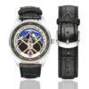 Men's casual watch with a round dial featuring the CNISAG emblem, silver-tone case and black leather strap, shown with the strap to the side.
