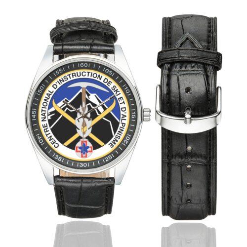 Men's casual watch with a round dial featuring the CNISAG emblem, silver-tone case and black leather strap, shown with the strap to the side.