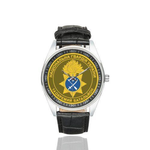 Men's casual watch with a round dial featuring the National Guard 14th Battalion emblem, silver-tone case and black leather strap.