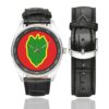 Men's casual watch with a round dial featuring the 24 Infantry Division SSI.svg emblem, silver-tone case and black leather strap, shown with the strap to the side.