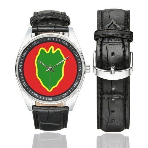 Men's casual watch with a round dial featuring the 24 Infantry Division SSI.svg emblem, silver-tone case and black leather strap, shown with the strap to the side.