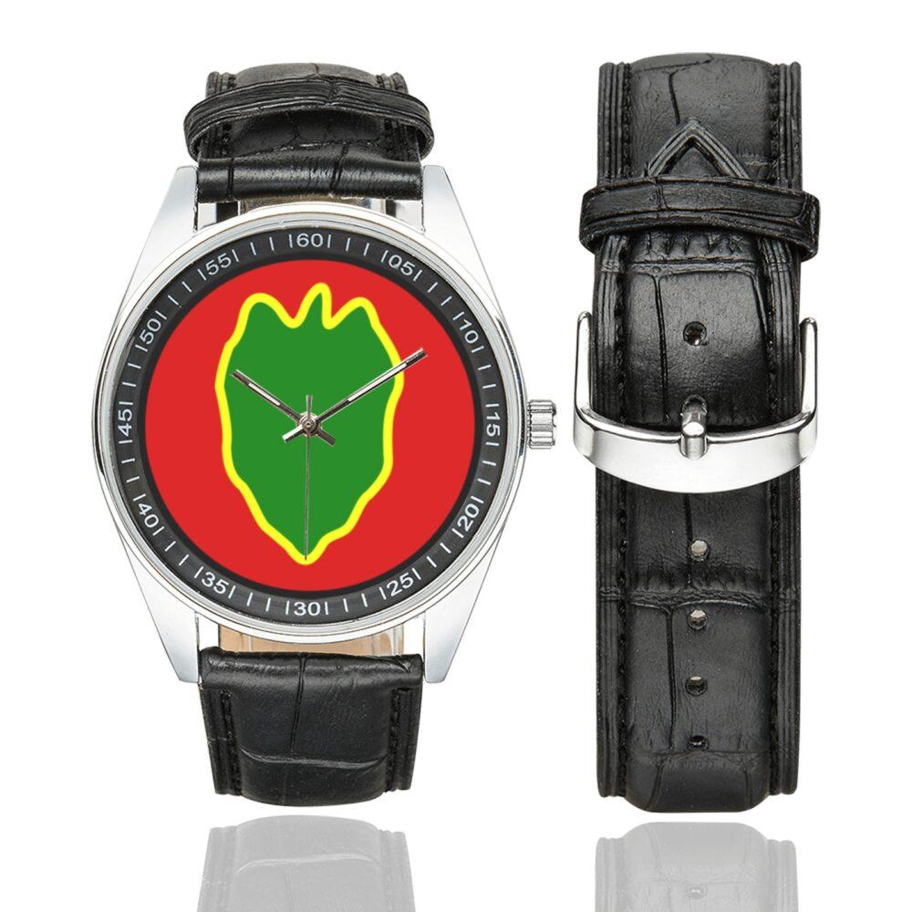 Men's casual watch with a round dial featuring the 24 Infantry Division SSI.svg emblem, silver-tone case and black leather strap, shown with the strap to the side.