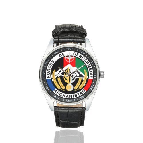 Men's casual watch with a round dial featuring the Gendarmerie POMLT Afghanistan emblem, silver-tone case and black leather strap.