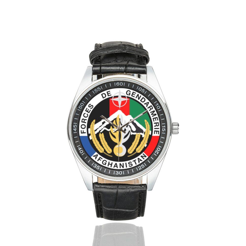 Men's casual watch with a round dial featuring the Gendarmerie POMLT Afghanistan emblem, silver-tone case and black leather strap.