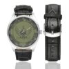 Men's casual watch with a round dial featuring the Australian Strategic Operations Regiment emblem, silver-tone case and black leather strap, shown with the strap to the side.