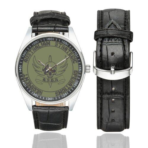 Men's casual watch with a round dial featuring the Australian Strategic Operations Regiment emblem, silver-tone case and black leather strap, shown with the strap to the side.
