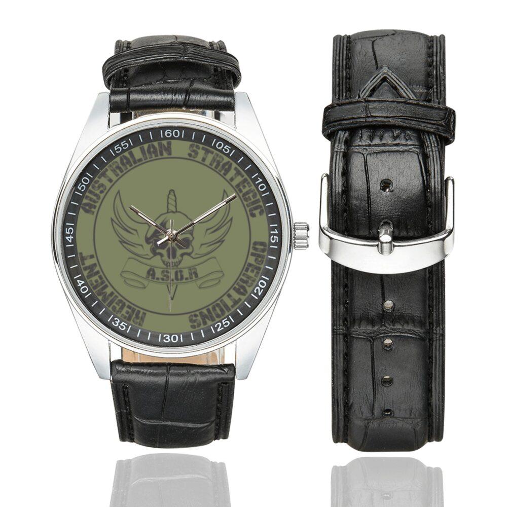 Men's casual watch with a round dial featuring the Australian Strategic Operations Regiment emblem, silver-tone case and black leather strap, shown with the strap to the side.