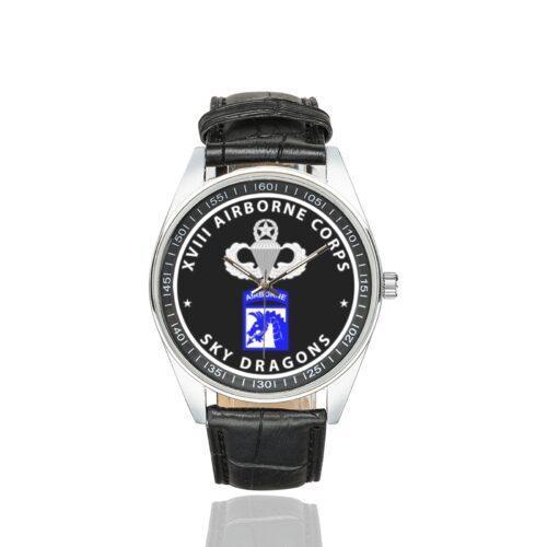 Men's casual watch with a round dial featuring the XVIII Airborne - Sky Dragons emblem, silver-tone case and black leather strap.