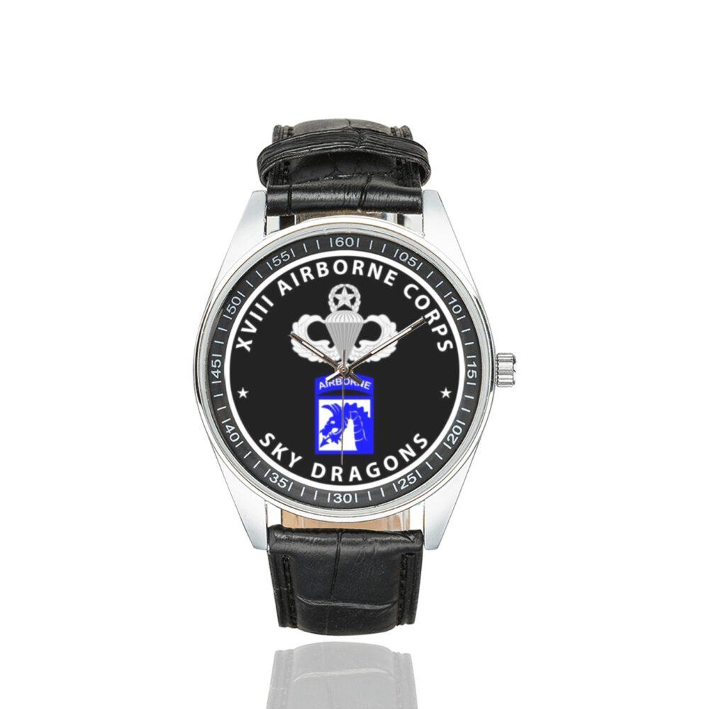 Men's casual watch with a round dial featuring the XVIII Airborne - Sky Dragons emblem, silver-tone case and black leather strap.