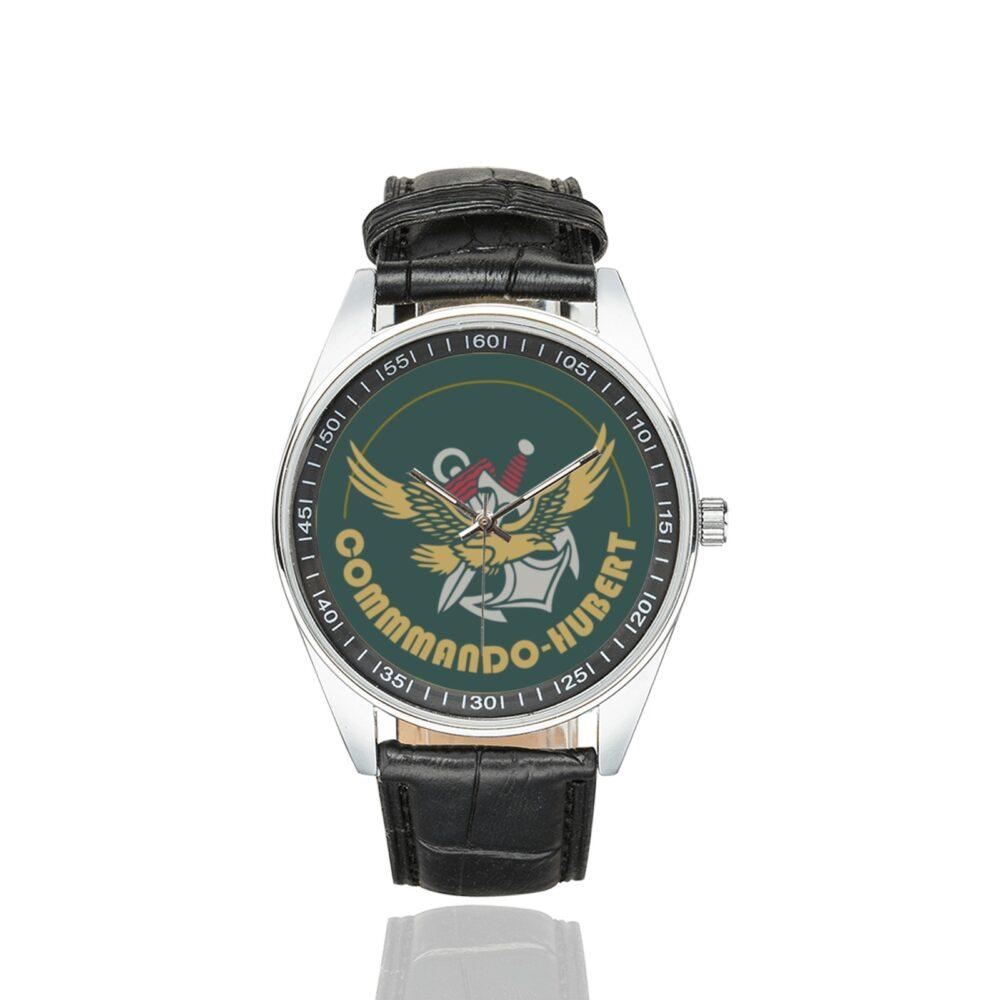 Men's casual watch with a round dial featuring the Commando Hubert emblem, silver-tone case and black leather strap.