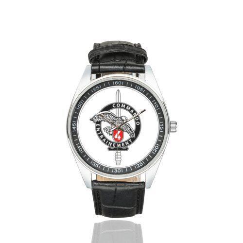 Men's casual watch with a round dial featuring the French Commando Commando School 4 emblem, silver-tone case and black leather strap.