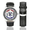 Men's casual watch with a round dial featuring the Service central du renseignement territorial (SCRT) emblem, silver-tone case and black leather strap, shown with the strap to the side.