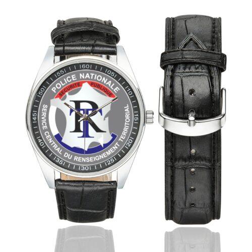 Men's casual watch with a round dial featuring the Service central du renseignement territorial (SCRT) emblem, silver-tone case and black leather strap, shown with the strap to the side.