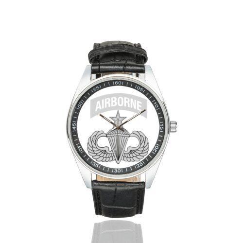 Men's casual watch with a round dial featuring the US Army Airborne Jumpmaster Wings emblem, silver-tone case and black leather strap.