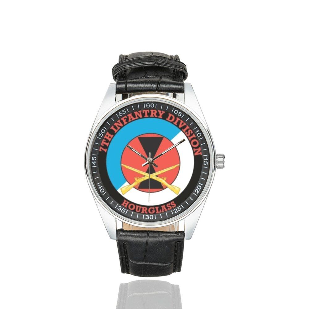 Men's casual watch with a round dial featuring the US Army 7th Infantry Division Veteran emblem, silver-tone case and black leather strap.