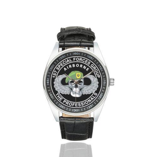 Men's casual watch with a round dial featuring the US Army 1st Special Forces Group Delta Force emblem, silver-tone case and black leather strap.