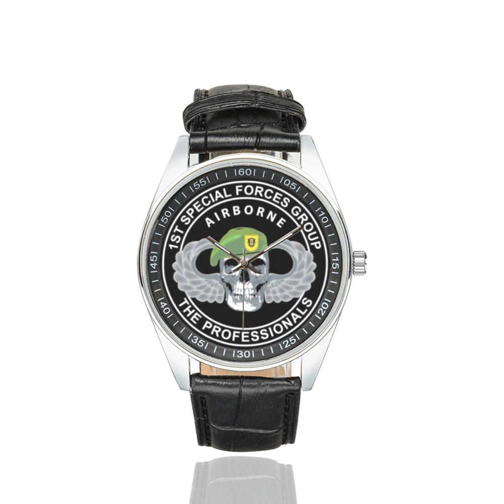 Men's casual watch with a round dial featuring the US Army 1st Special Forces Group Delta Force emblem, silver-tone case and black leather strap.