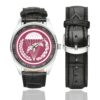 Men's casual watch with a round dial featuring the Poland 6th Airborne Brigade Polish Paratrooper emblem, silver-tone case and black leather strap, shown with the strap to the side.