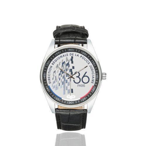 Men's casual watch with a round dial featuring the DRPJ 36 emblem, silver-tone case and black leather strap.