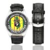 Men's casual watch with a round dial featuring the US Army 101st Airborne Division Vietnam Veteran- emblem, silver-tone case and black leather strap, shown with the strap to the side.