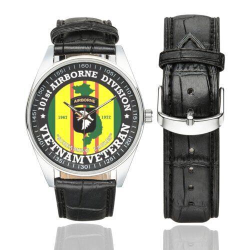 Men's casual watch with a round dial featuring the US Army 101st Airborne Division Vietnam Veteran- emblem, silver-tone case and black leather strap, shown with the strap to the side.