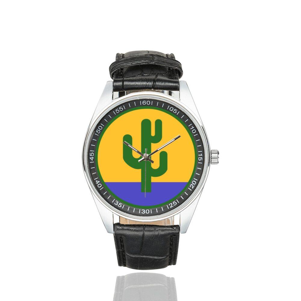 Men's casual watch with a round dial featuring the US 103rd Infantry Division emblem, silver-tone case and black leather strap.