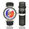 Men's casual watch with a round dial featuring the PNRS 34 emblem, silver-tone case and black leather strap, shown with the strap to the side.