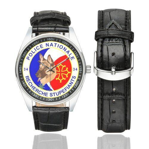 Men's casual watch with a round dial featuring the PNRS 34 emblem, silver-tone case and black leather strap, shown with the strap to the side.