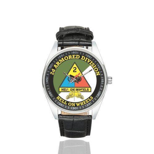 Men's casual watch with a round dial featuring the US Army 2D Armored Division- emblem, silver-tone case and black leather strap.